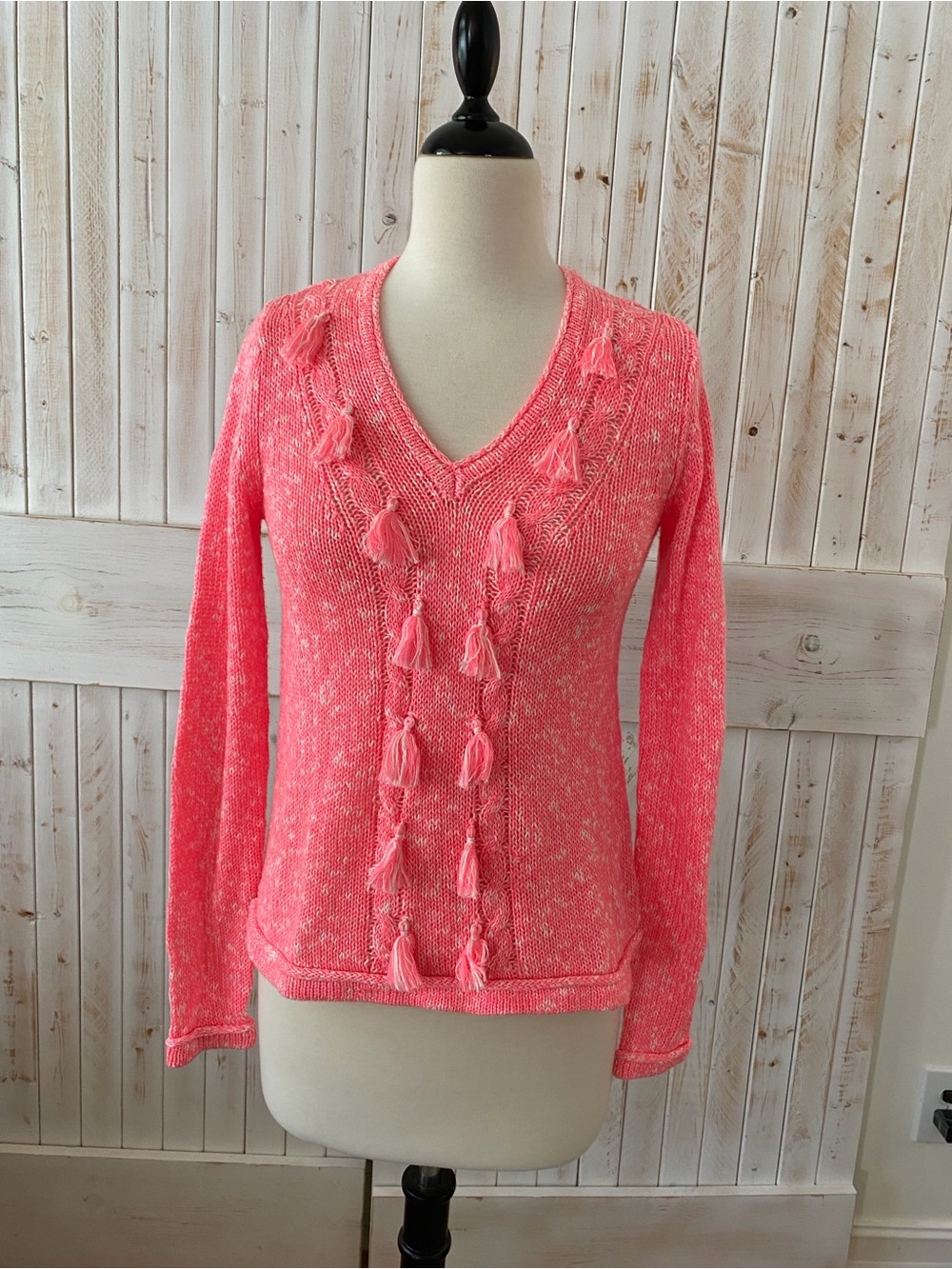 Lilly Pulitzer Coral Pink V-Neck Tassel Knit Sweater